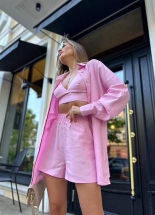 Женский деловой стильный классный классический удобный костюм модный шортики шорты и рубашка рубашка и топик топ тройка розовый льняной хлопковый2 фото
