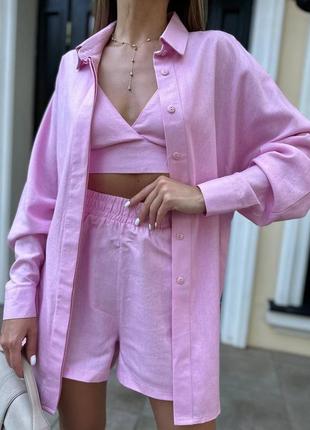 Женский деловой стильный классный классический удобный костюм модный шортики шорты и рубашка рубашка и топик топ тройка розовый льняной хлопковый3 фото