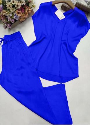 Женский деловой стильный классный классический удобный модный трендовый костюм модный брюки брюки брюки и + блузка синяя черная2 фото