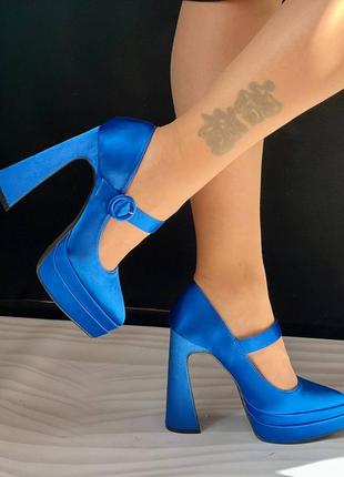 Акционная цена🔥🔥женские синие туфли из атласа, на высоком каблуке7 фото