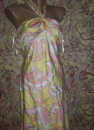 Шелковое летнее розово-желтое платье