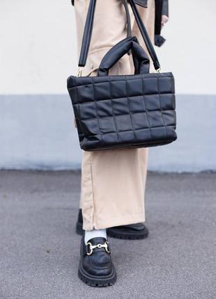 Жіноча чорна шкіряна сумка шопер / сумочка шоппер з еко шкіри1 фото
