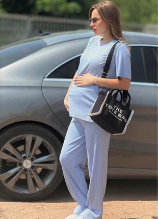 Летний костюм из трикотажа в рубчик для беременных и кормящих, голубой3 фото