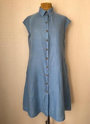 100% лен! льняное голубое платье - халат / платье - рубашка от caroll, размер 40, укр 48-50-52