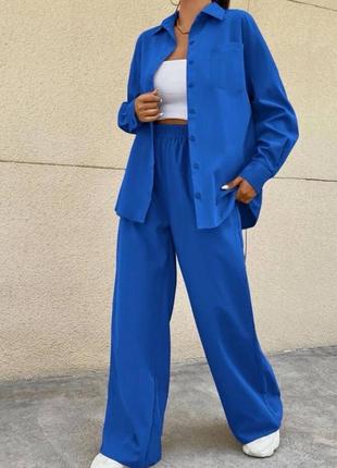 Брючный костюм рубашка брюки трендовый базовый бежевый оливковый черный электрик синий качественный стильный комплект2 фото
