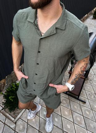 Летний модный мужской летний комплект рубашка и шорты casual серый