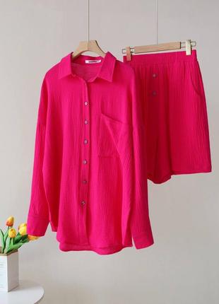 Муслиновый костюм рубашка + шорты свободный базовый комплект с рубашкой голубой розовый белый5 фото