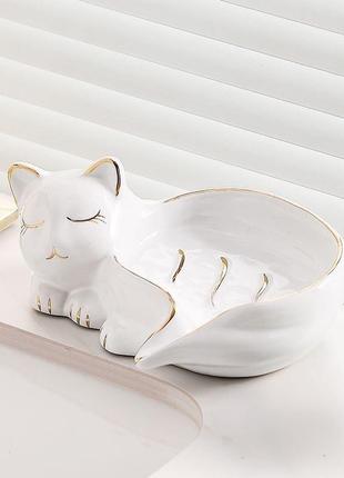 Керамическая мыльница в форме кошки , керамическая подставка для мыла, держатель для мыла у форме мрамора2 фото