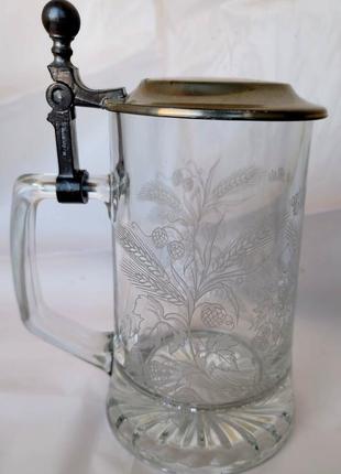 Пивний кухоль кружка скляний з олов'яною кришкою німеччина alwe 92% zinn