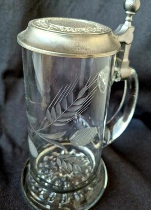 Кухоль кружка пивний скляний з олов'яною кришкою німеччина zinn