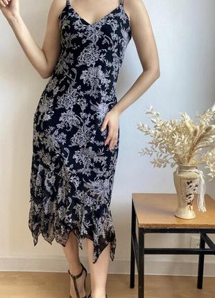 Платье комбинация летнее сарафан в цветочный принт с рюшами на тонких бретельках миди