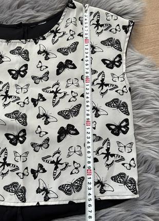 Короткая блуза с бабочками, шифоновая блуза, черно-белая блуза6 фото