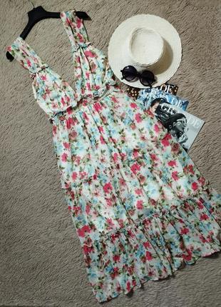 Шикарна ярусна квіткова сукня міді з рюшами/плаття/сарафан