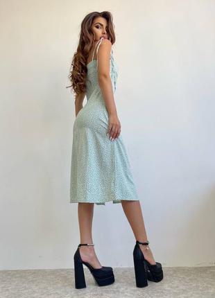 Сукня міді м'ятна з квітковим принтом на лямках з розрізом по нозі якісна стильна трендова2 фото