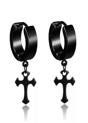 Сережки-кільця з хрестиком чоловічі-жіночі чорні в стилі панк