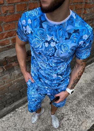 Летний стильный мужской летний комплект шорты + футболка casual синий