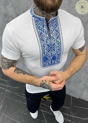 Футболка-вишиванка чоловіча з коротким рукавом білий sea. патріотична футболка з синьою вишивкою (арт. 15452)