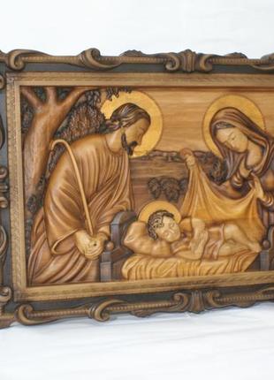 Ікона свята родина, свята сім'я, ікона з дерева, ікона різьблена з дерева 47х31см.10 фото