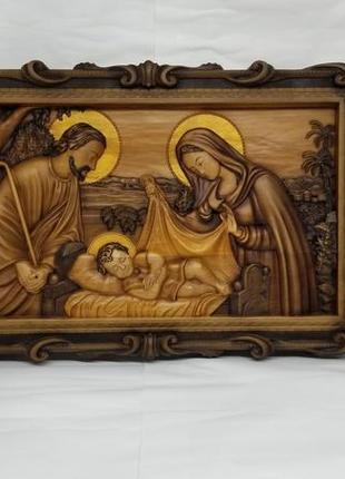 Ікона свята родина, свята сім'я, ікона з дерева, ікона різьблена з дерева 47х31см.3 фото