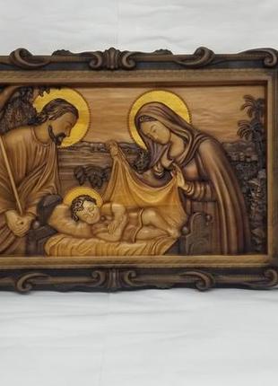 Ікона свята родина, свята сім'я, ікона з дерева, ікона різьблена з дерева 47х31см.2 фото