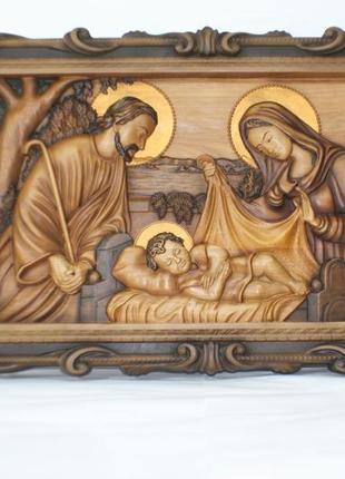 Ікона свята родина, свята сім'я, ікона з дерева, ікона різьблена з дерева 47х31см.7 фото