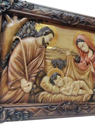 Ікона свята родина, свята сім'я, ікона з дерева, ікона різьблена з дерева 47х31см4 фото