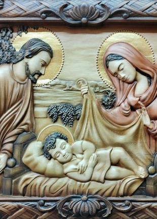 Ікона свята родина, свята сім'я, ікона з дерева, ікона різьблена з дерева 47х31см9 фото