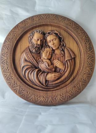 Ікона свята родина, свята сім'я, ікона з дерева, ікона різьблена з дерева 34см7 фото