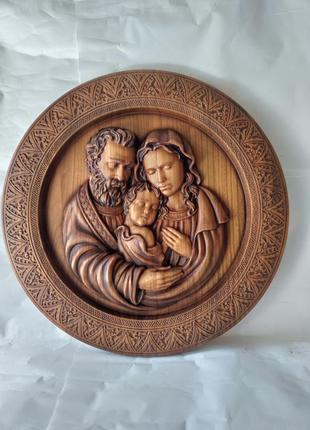 Ікона свята родина, свята сім'я, ікона з дерева, ікона різьблена з дерева 34см1 фото