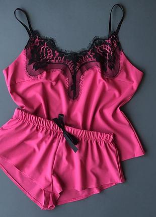 Легкая пижама из софта. пижама с кружевом. майка и шорты из софта