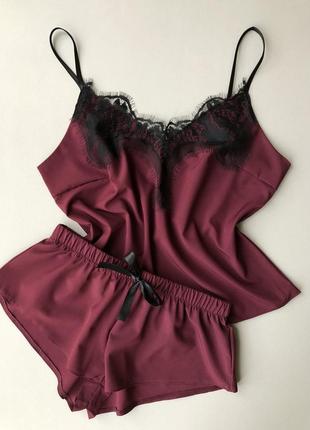 Легкая пижама из софта. пижама с кружевом. майка и шорты из софта