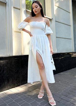 Платье лен льняная молочная резинка миди красивое с разрезами2 фото