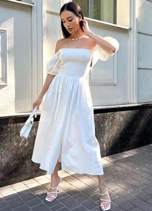 Платье лен льняная молочная резинка миди красивое с разрезами5 фото
