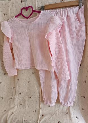 Костюм муслін  ніжно рожева блуза з мусліну штани