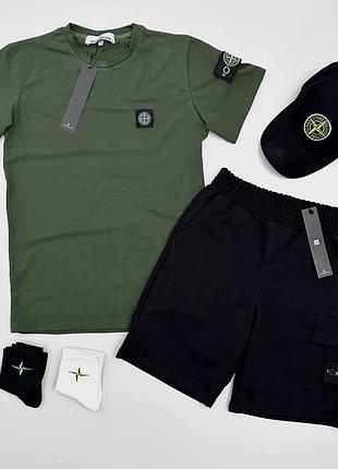 Летний зелёный хаки спортивный костюм + кепка stone island літній зелений спортивний костюм stone island зелена футболка чорні шорти