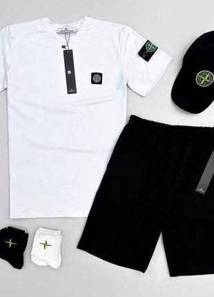 Летный спортивный костюм stone island + кепка летний спортивный костюм stone island белая футболка черные шорты stone island