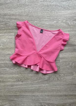 Стильный праздничный кроп топ с вырезом декольте яркий розовый shein 36/s