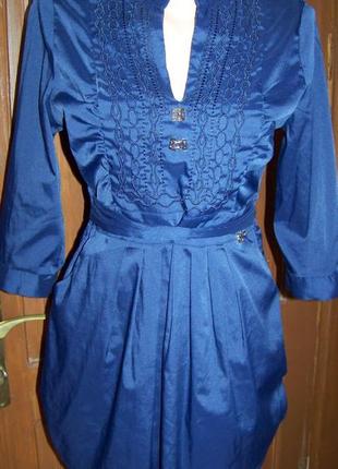 Темно-синяя легкая туника-блузка-платье с поясом м1 фото