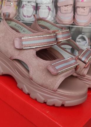 Босоножки сандалии для девочки на платформе розовые замшевые2 фото