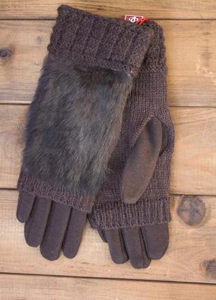 Женские зимние перчатки стрейч+вязка коричневые1 фото
