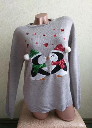 Свитер с пингвинами, сердечки, вышивка, нашивки. новогодний реглан, пуловер.