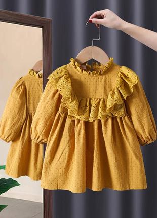 Желтое платье с рукавом, платье с рукавом, платье муслиновое, праздничное платье для девочки 100-1307 фото