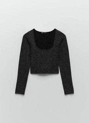 Стильный праздничный укороченный топ люрекс с квадратным вырезом серебряный zara limitless