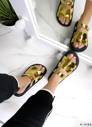 Шлепанцы натуральные - herms, золото, натуральная кожа