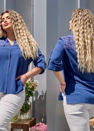 Блузка-рубашка женская красивая летняя легкая повседневная прошва рукав три четверти больших размеров 48-582 фото