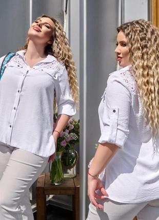 Блузка-рубашка женская красивая летняя легкая повседневная прошва рукав три четверти больших размеров 48-583 фото