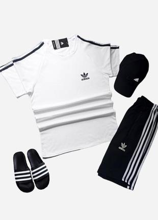 Костюм из 4-х вещей, мужской комплект adidas летний (футболка+шорты+бейсболка+шлепанцы)