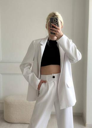 Костюм женский белый однотонный оверсайз пиджак на пуговице брюки свободного кроя на высокой посадке качественный стильный