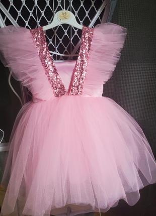 Пышное детское нарядное розовое яркое блестящее платье для девочки на выпускной день рождения праздник 98 104 110 116 122 128 134 140 на 6 7 8 лет