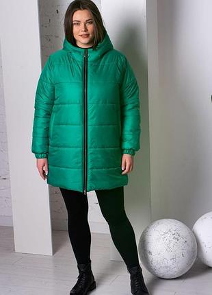 Куртка женская демисезонная удлиненная с капюшоном  - 012 зеленый цвет